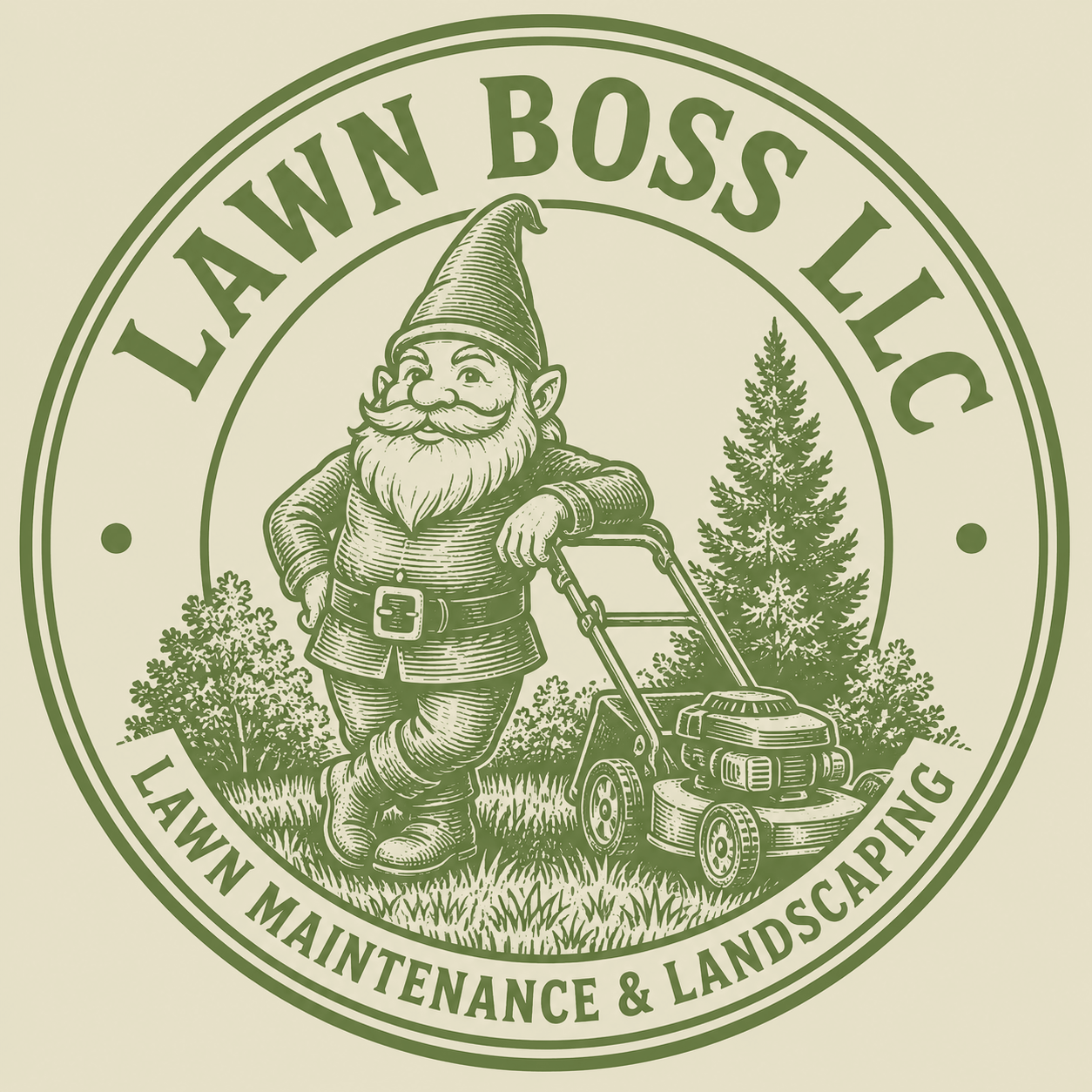 Lawn Boss LLC seal: The Boss, the garden gnome mascot, leaning on his mower